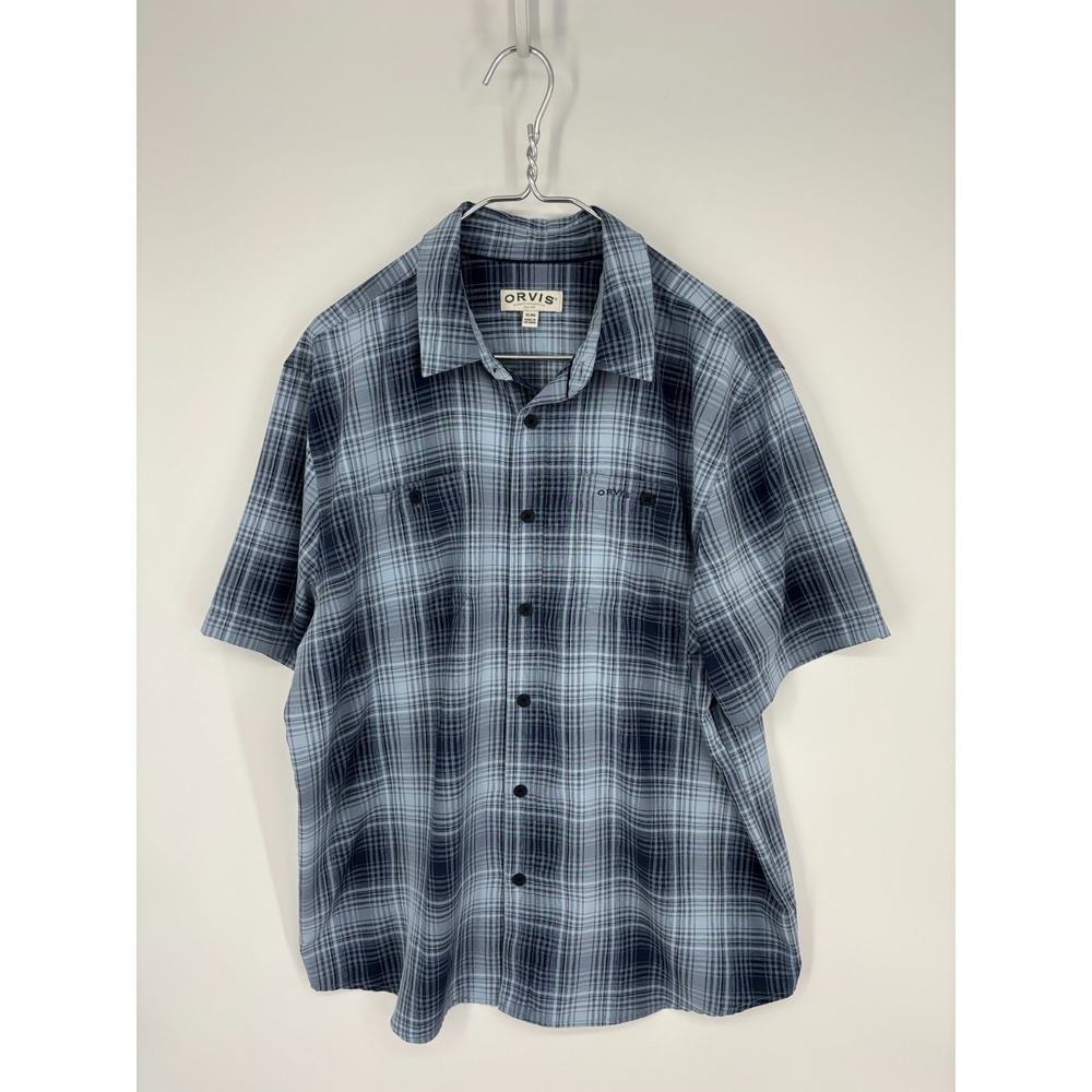Orvis Shirt Mens XL Blue Plaid Performance Button Up Short Sleeve Pockets